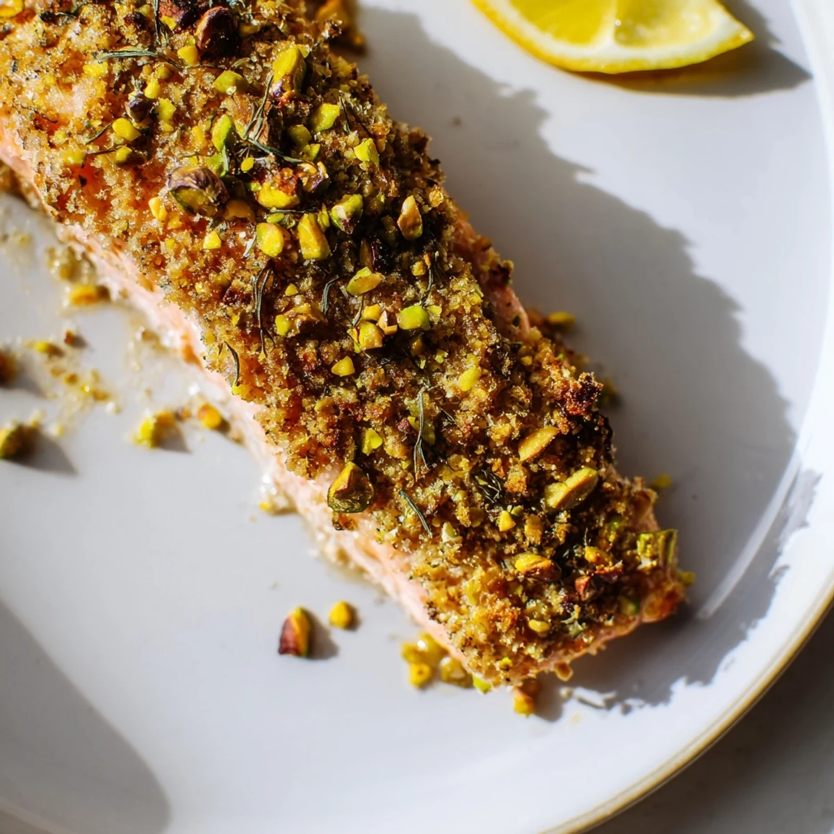Crusted maple pistachio salmon plated on wild rice with a bright lemon wedge