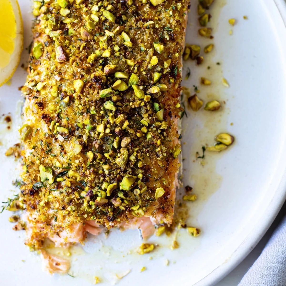 Close-up of maple pistachio salmon showing its crunchy golden nut topping glistening with glaze