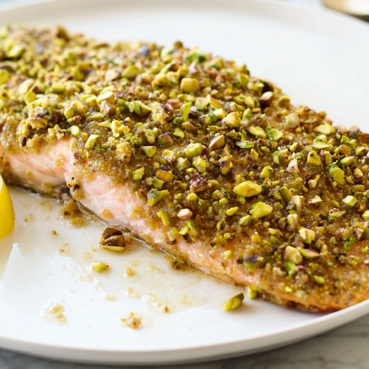 Golden maple pistachio salmon fillet fresh from the oven on a parchment-lined baking sheet