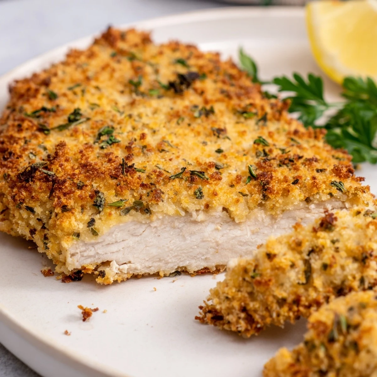 Golden crispy Savory Herbed Parmesan Chicken on a rustic white dinner plate