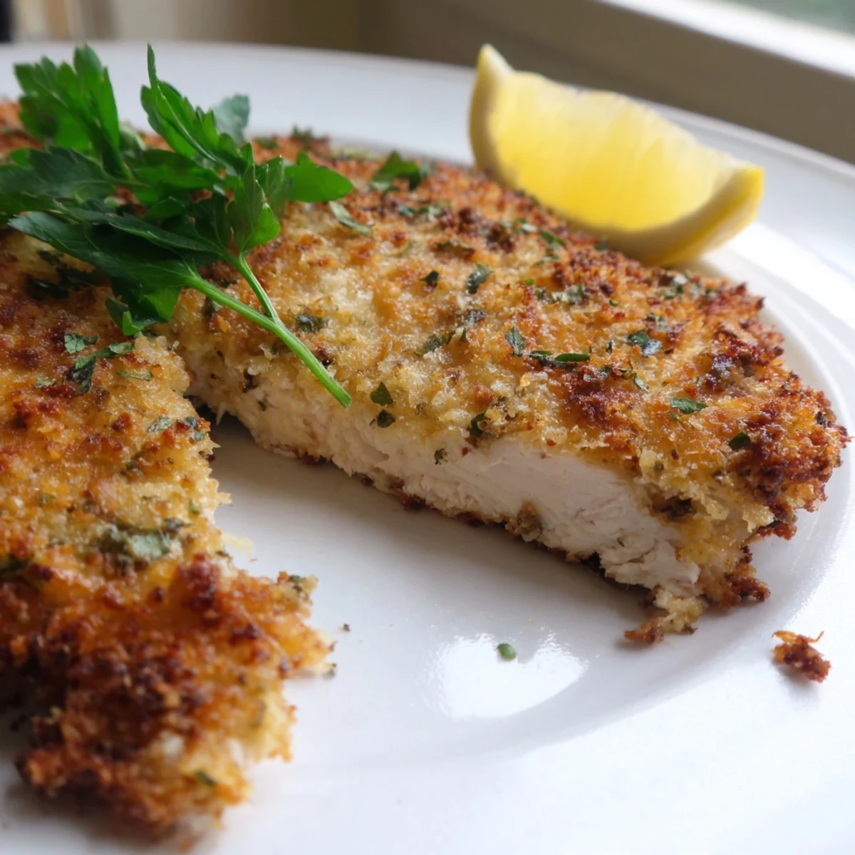 Juicy Savory Herbed Parmesan Chicken sliced open revealing tender herb-coated meat inside