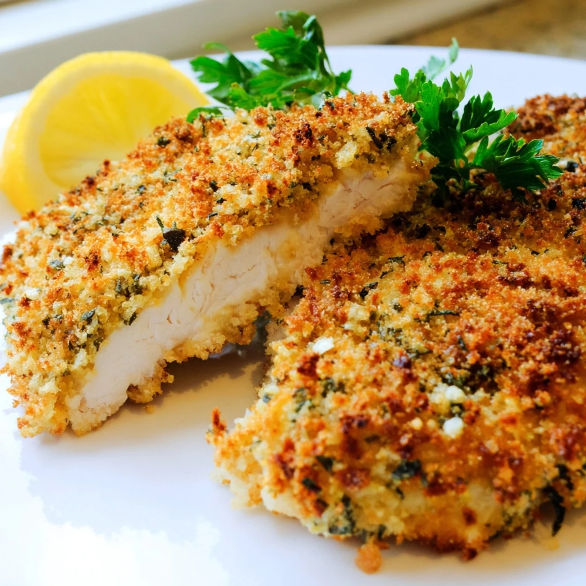 Savory Herbed Parmesan Chicken garnished with fresh parsley and bright lemon wedges
