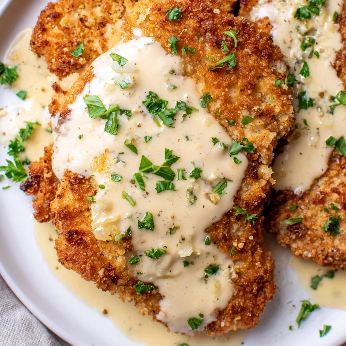Golden crispy Parmesan chicken drizzled with rich, creamy garlic sauce on a white plate.