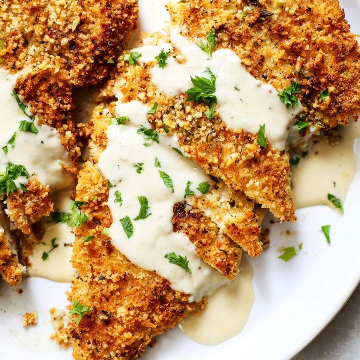 Juicy breaded Parmesan chicken nestled in velvety garlic cream sauce with fresh parsley garnish.
