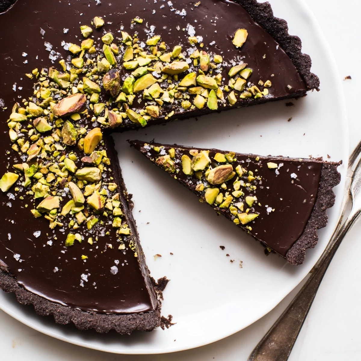 Glossy dark chocolate pistachio tart sliced on a rustic wooden serving board