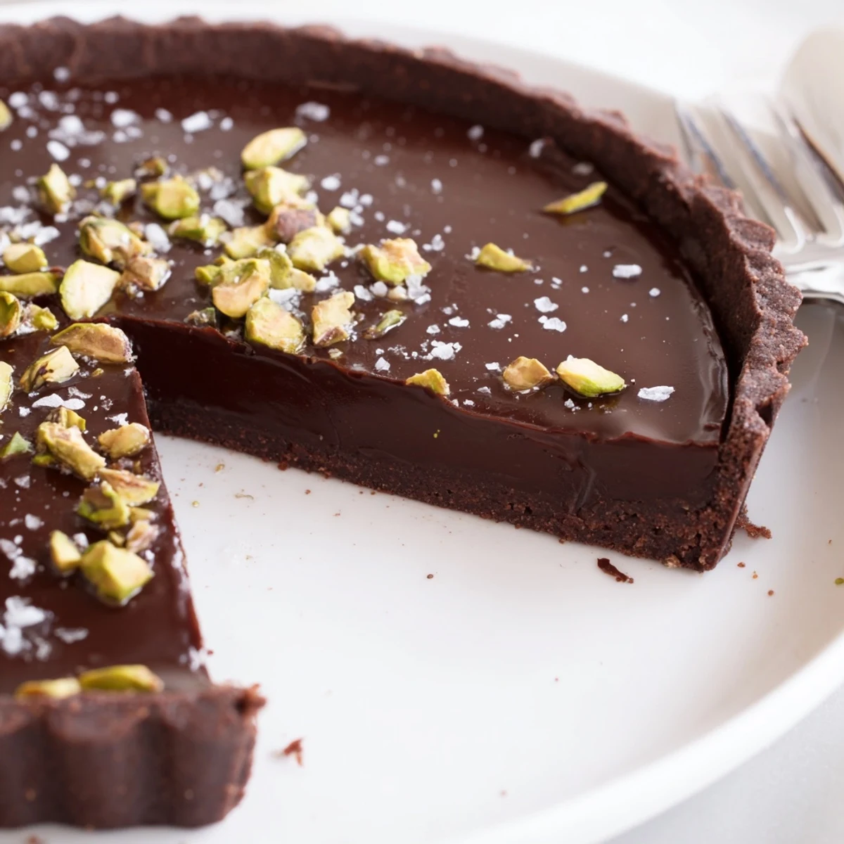 Rich dark chocolate pistachio tart topped with chopped nuts and flaky sea salt