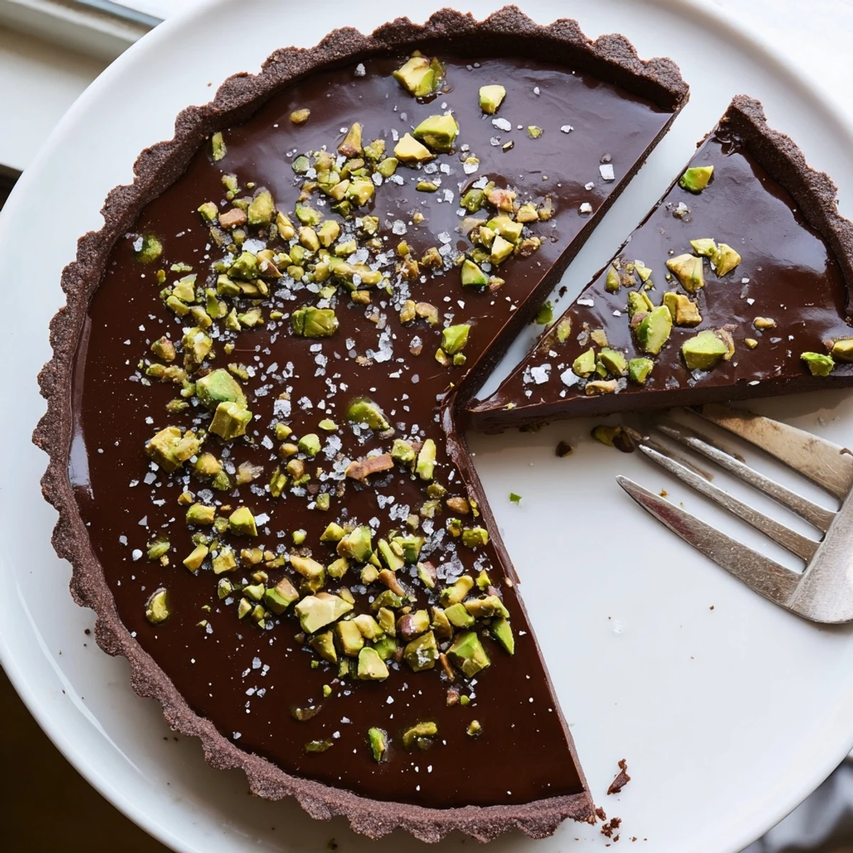 Dark chocolate pistachio tart with velvety ganache and bright green crunchy nuts