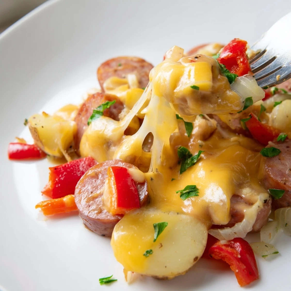 Golden cheesy kielbasa skillet with tender potatoes and melted cheddar bubbling in cast iron pan