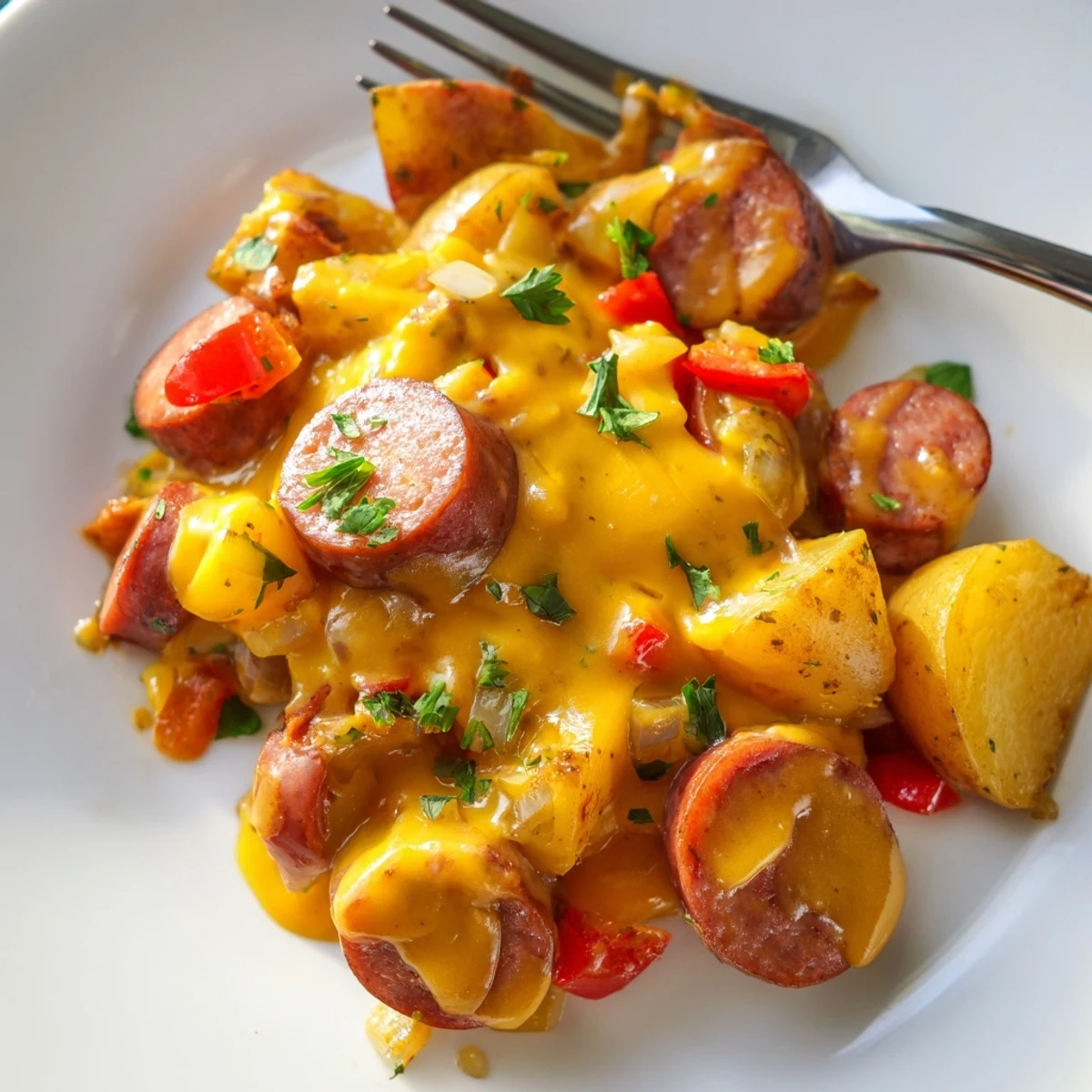 Smoky cheesy kielbasa skillet loaded with colorful bell peppers and fork-tender sliced potatoes