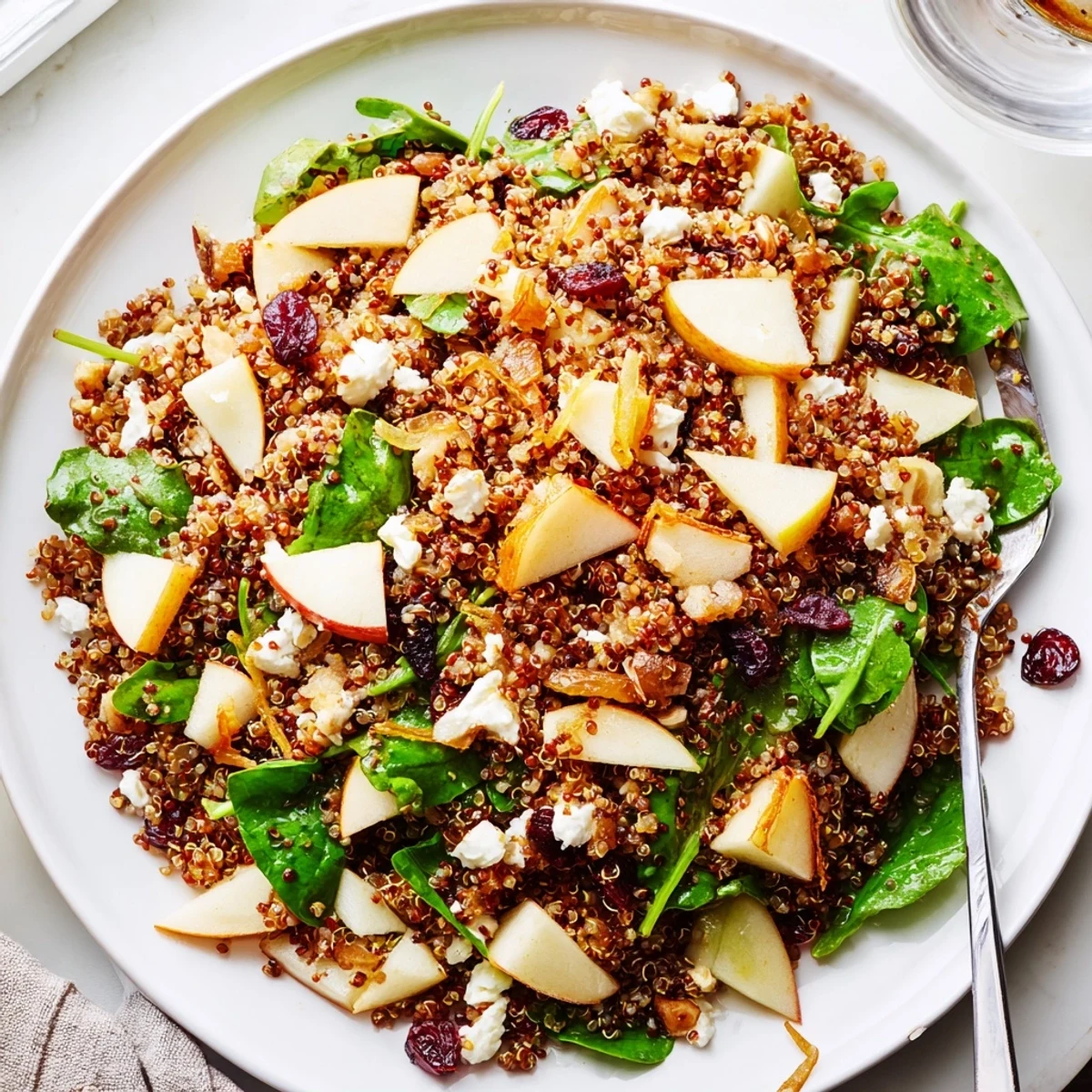 A vibrant Honey Mustard Quinoa Apple Salad with diced apples, cranberries, and creamy feta