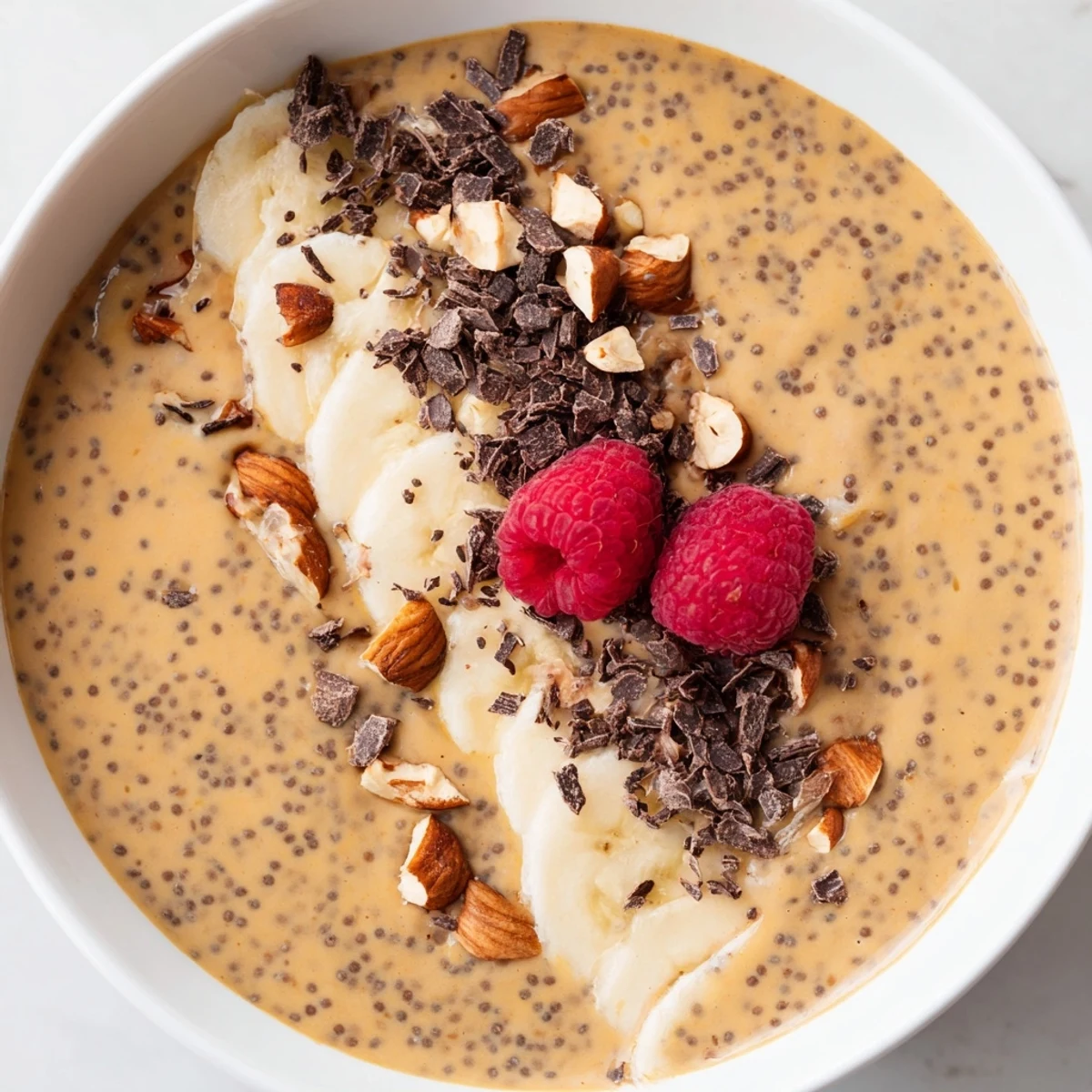 Thick peanut butter chia pudding served in mason jars with dark chocolate shavings and fresh berries