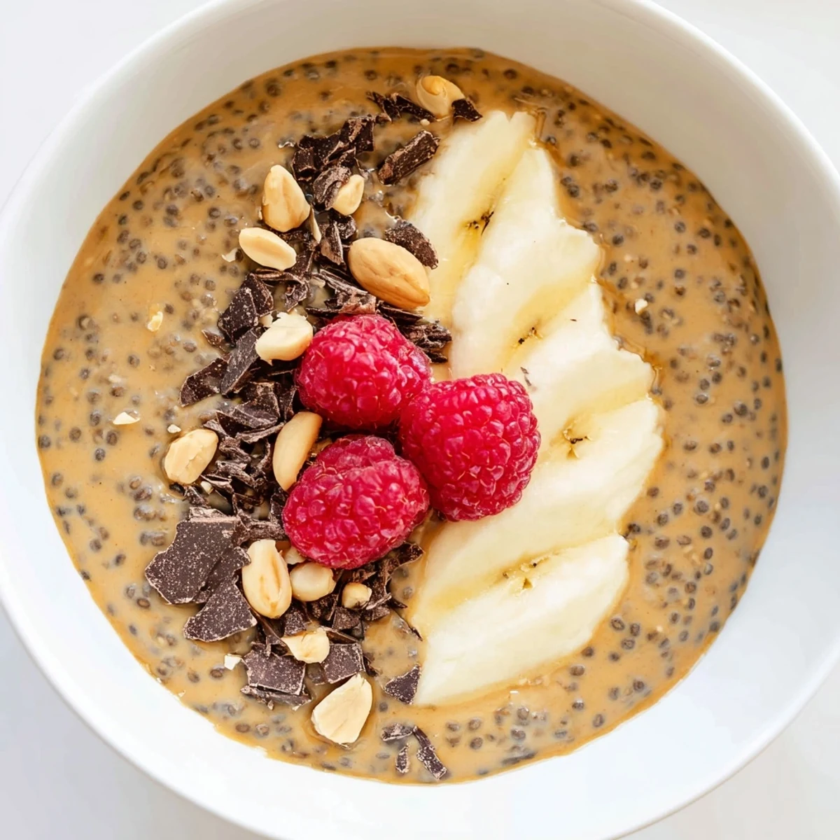 Creamy peanut butter chia pudding topped with sliced banana and roasted peanuts in a glass jar