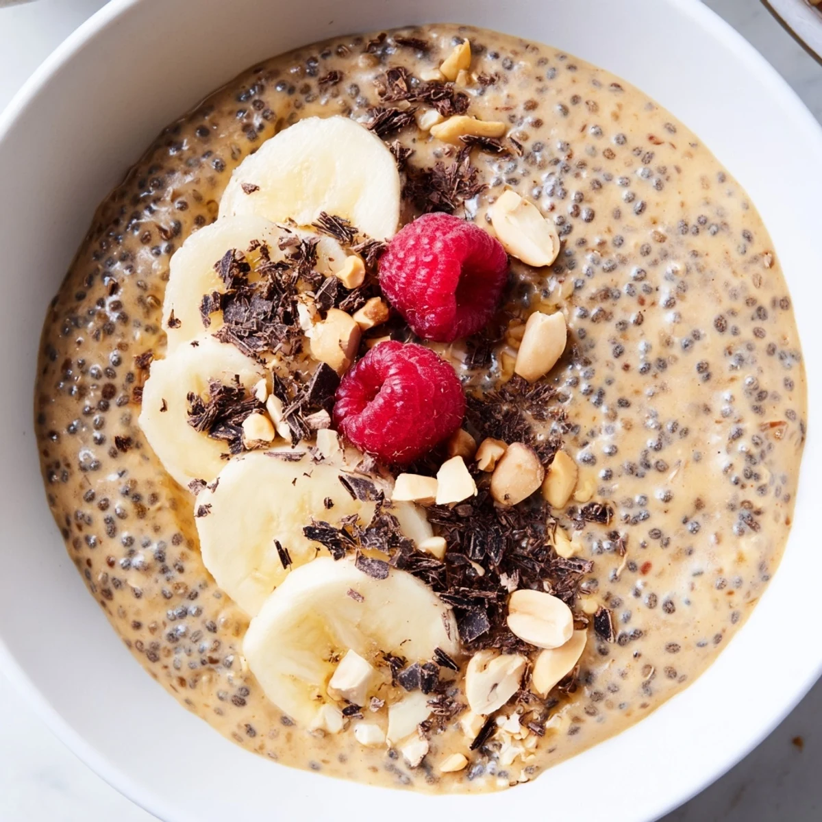 Smooth peanut butter chia pudding garnished with banana slices and a drizzle of maple syrup