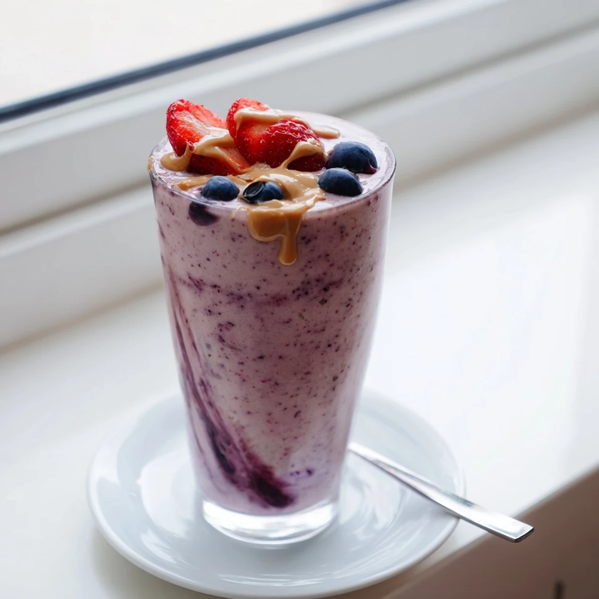 Thick purple peanut butter berry smoothie poured into two clear glasses topped with fresh strawberries and blueberries