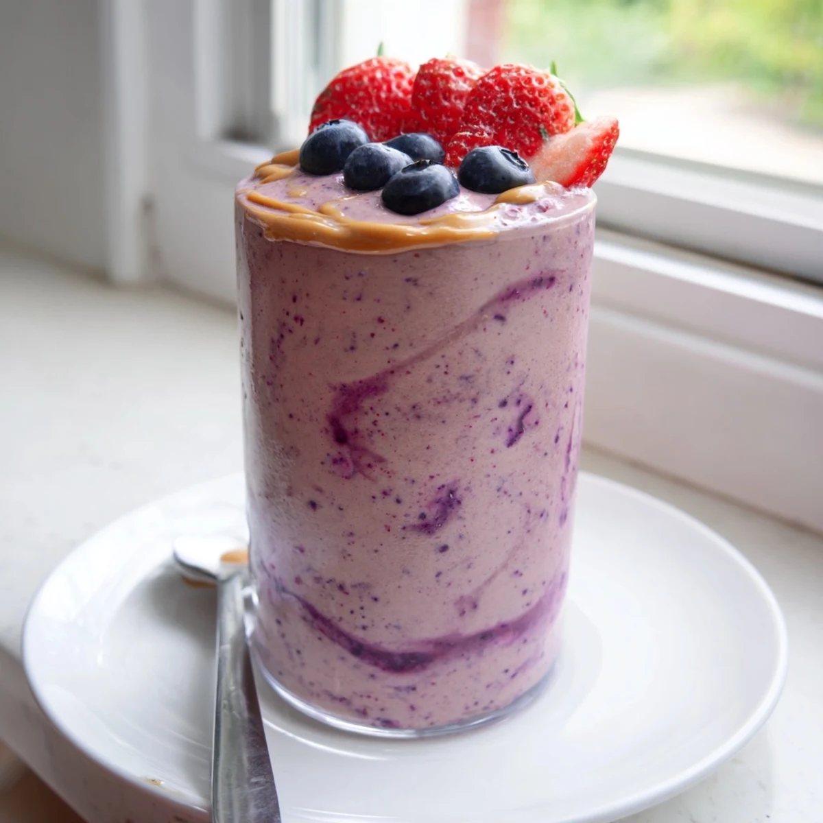 Creamy peanut butter berry smoothie swirled with vivid berry colors served in a mason jar with a striped straw