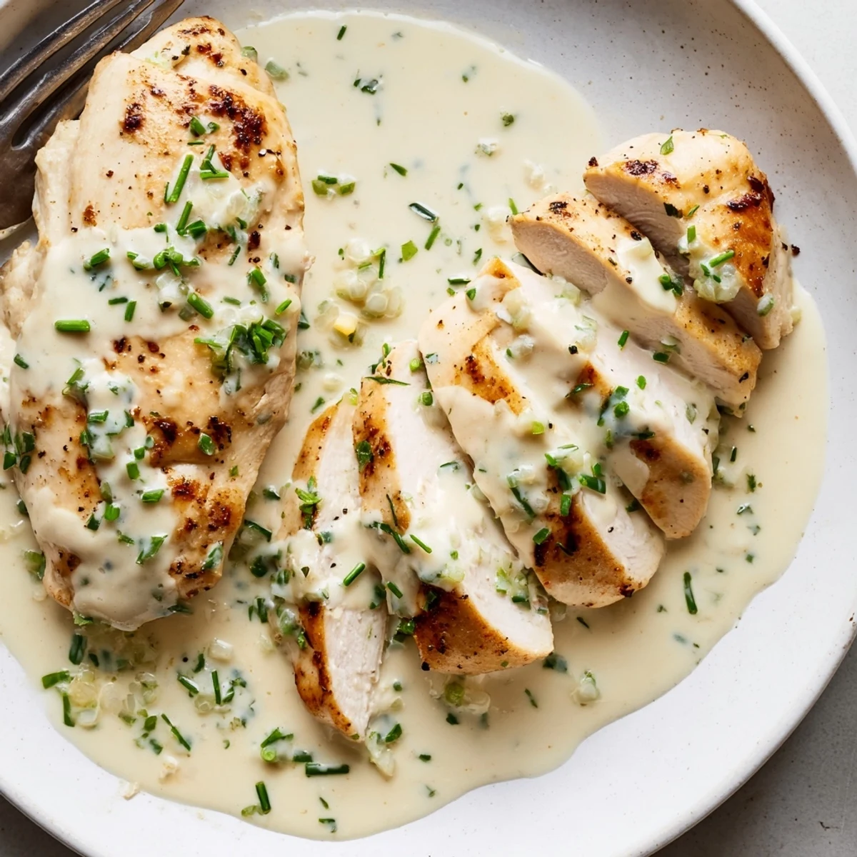 Pan-seared chicken with Boursin sauce drizzled creamy herb garlic topping plated elegantly