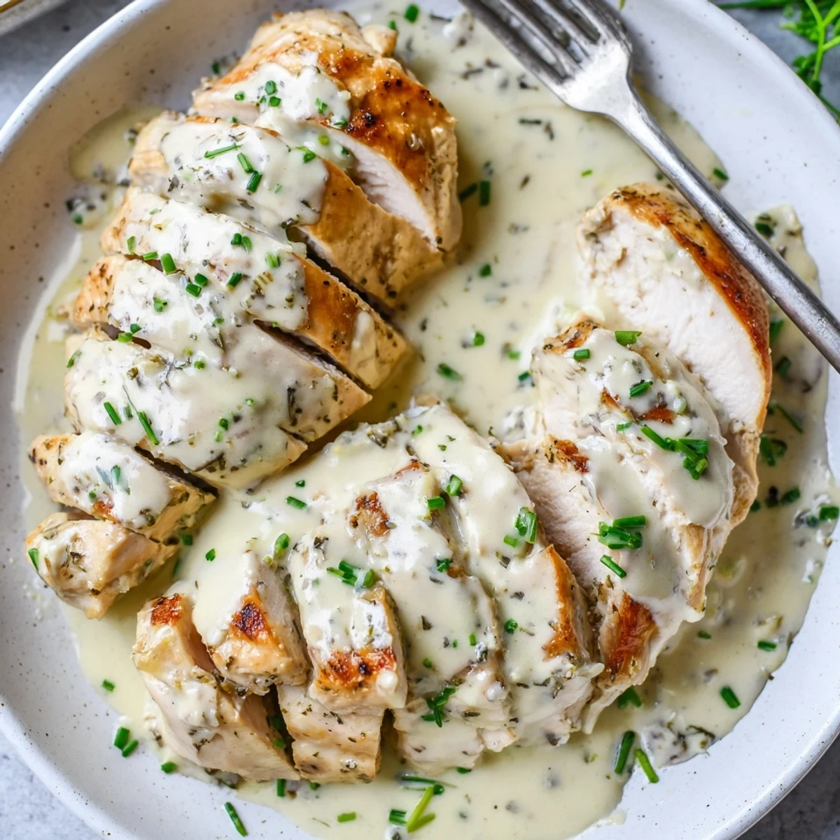 Crispy golden chicken breast smothered in velvety Boursin garlic and fine herbs sauce