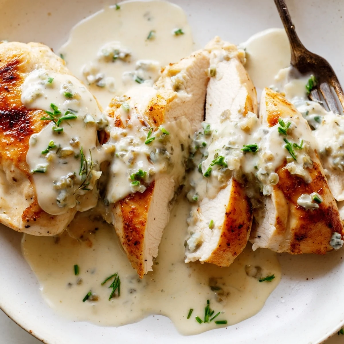 Juicy sliced chicken breasts resting in a rich creamy Boursin cheese sauce with herbs