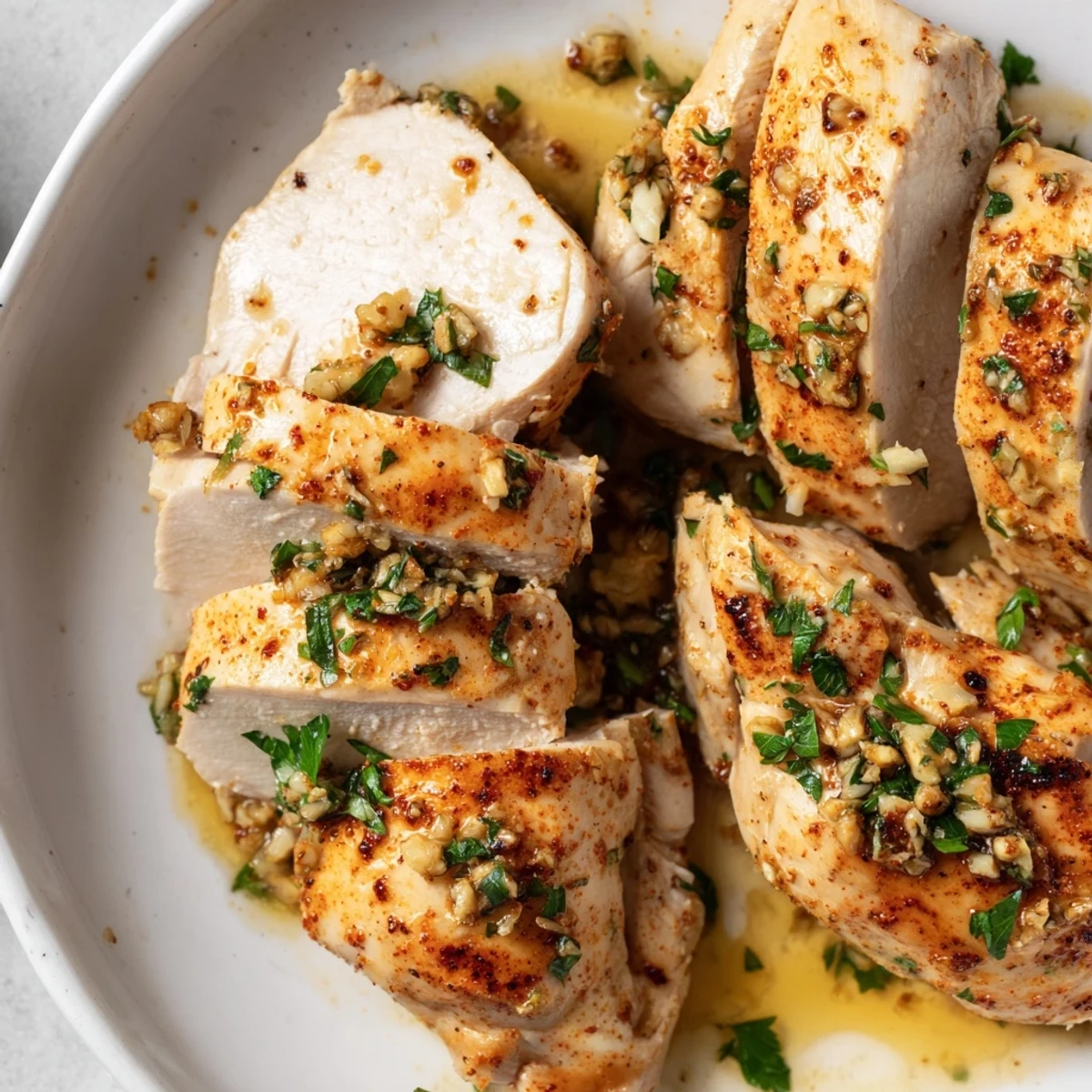 Golden garlic butter baked chicken breast garnished with fresh parsley and lemon wedges