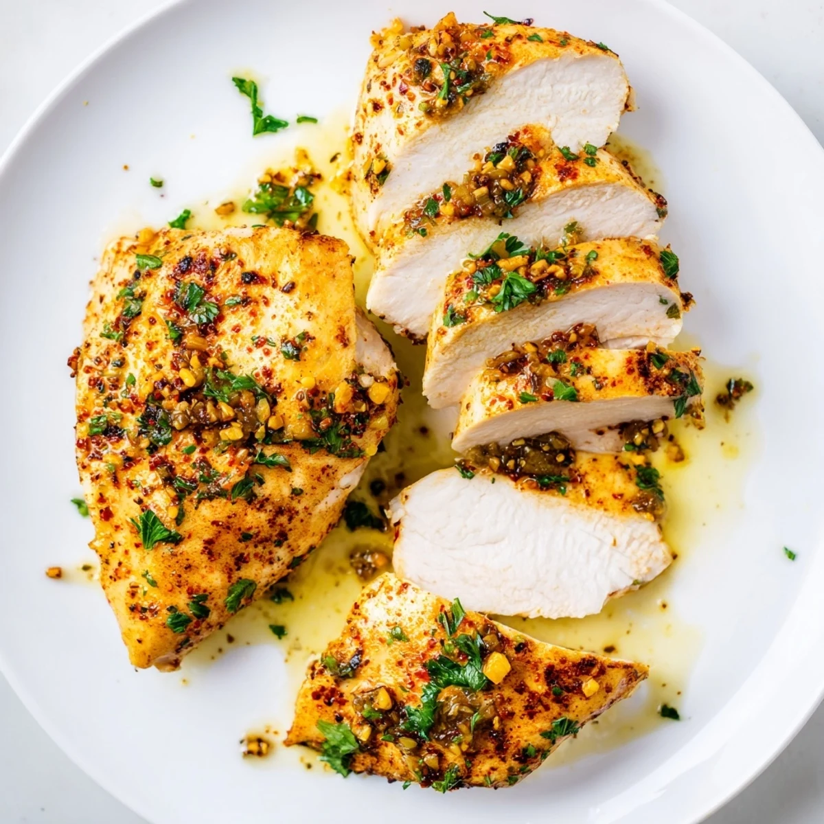 Juicy garlic butter baked chicken breast drizzled with rich herbed sauce on a white plate