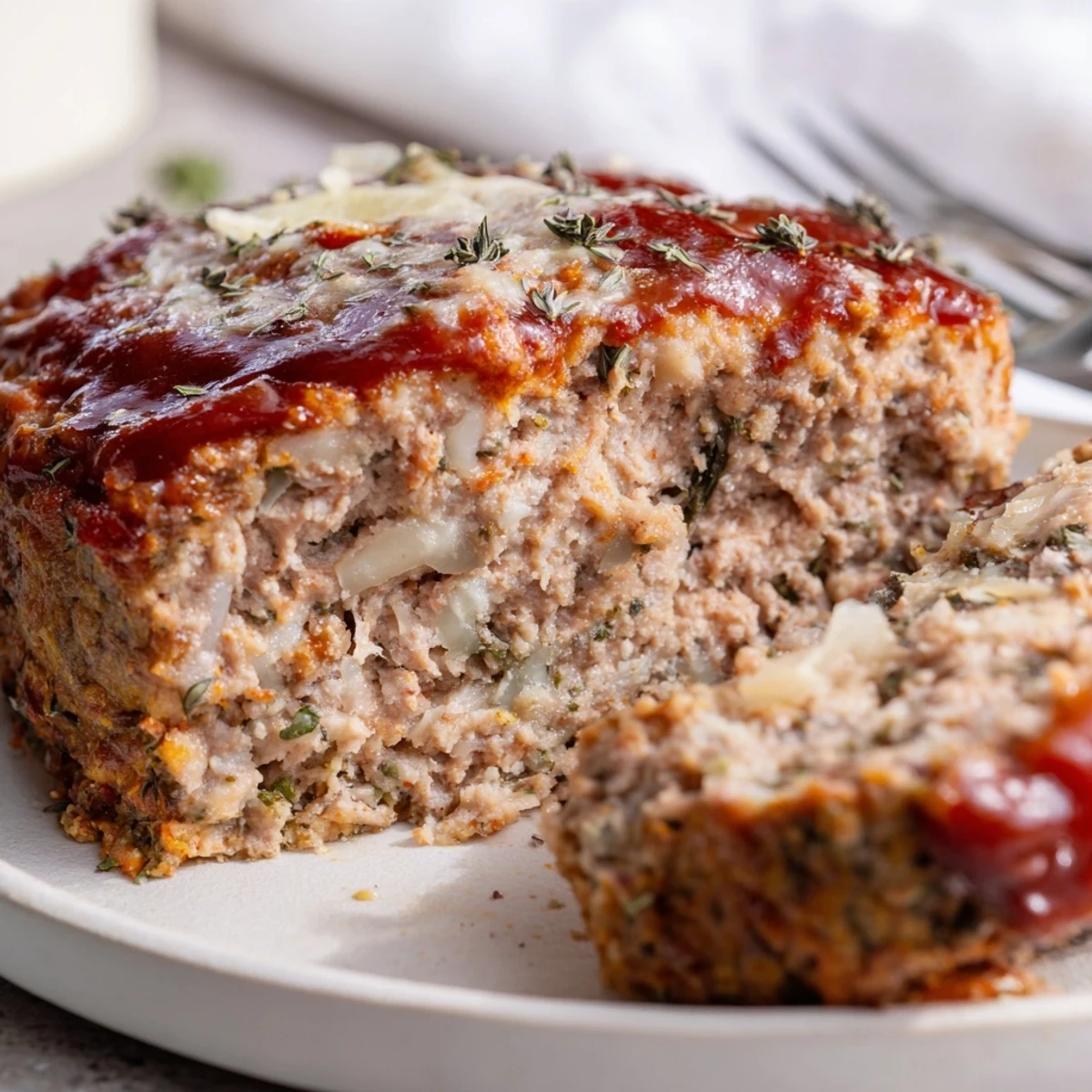 Golden Parmesan chicken meatloaf sliced thick with bubbling tomato glaze on a rustic plate