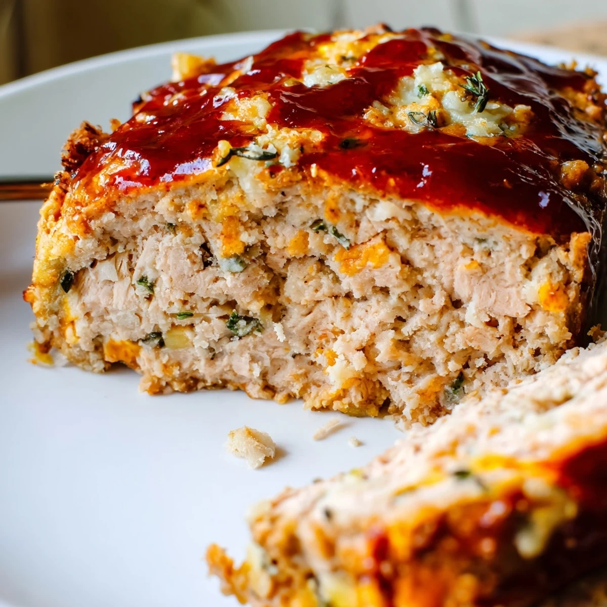 Juicy Parmesan chicken meatloaf topped with melted cheese and herbs beside creamy mashed potatoes