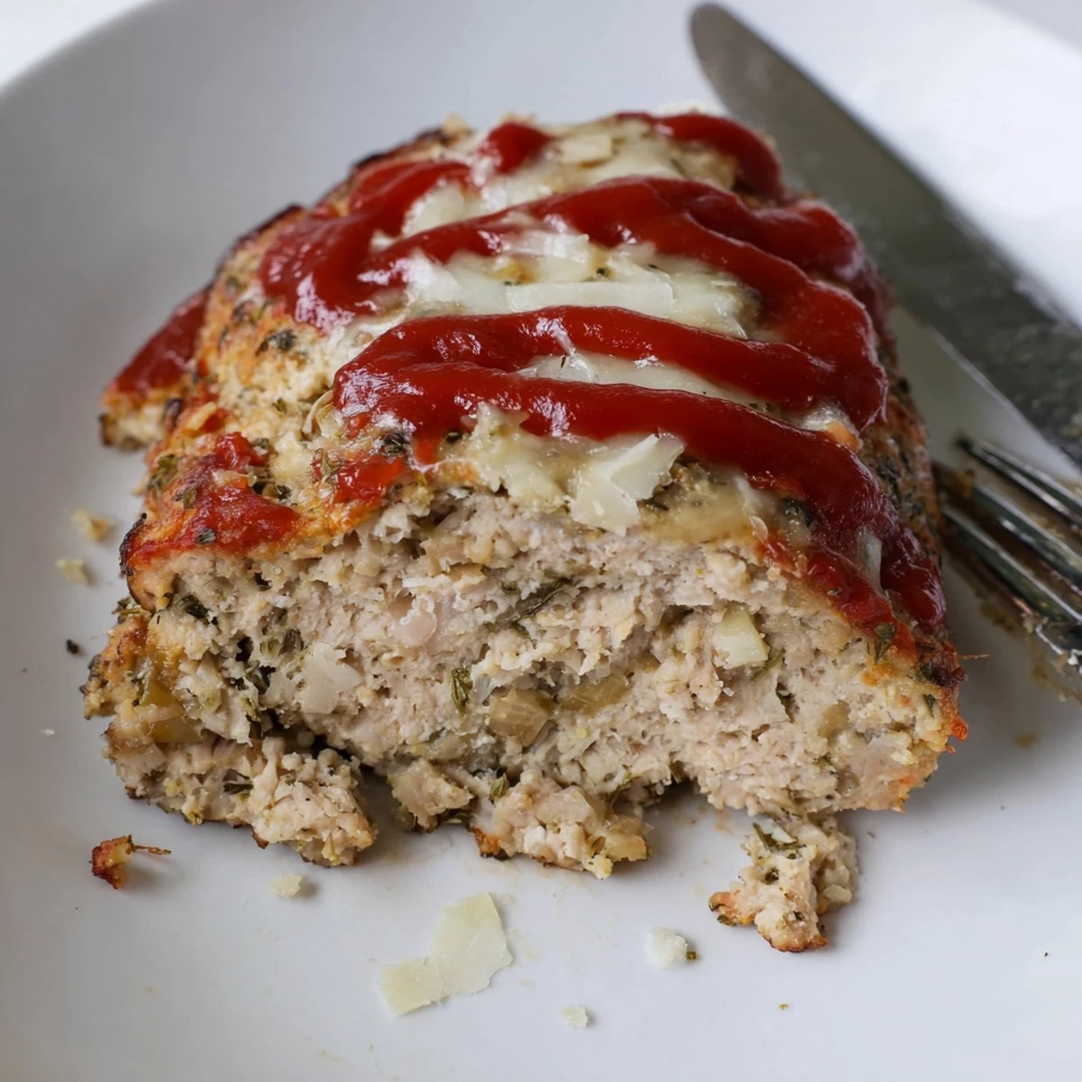 Tender Parmesan chicken meatloaf with caramelized marinara glaze fresh from the oven ready to serve