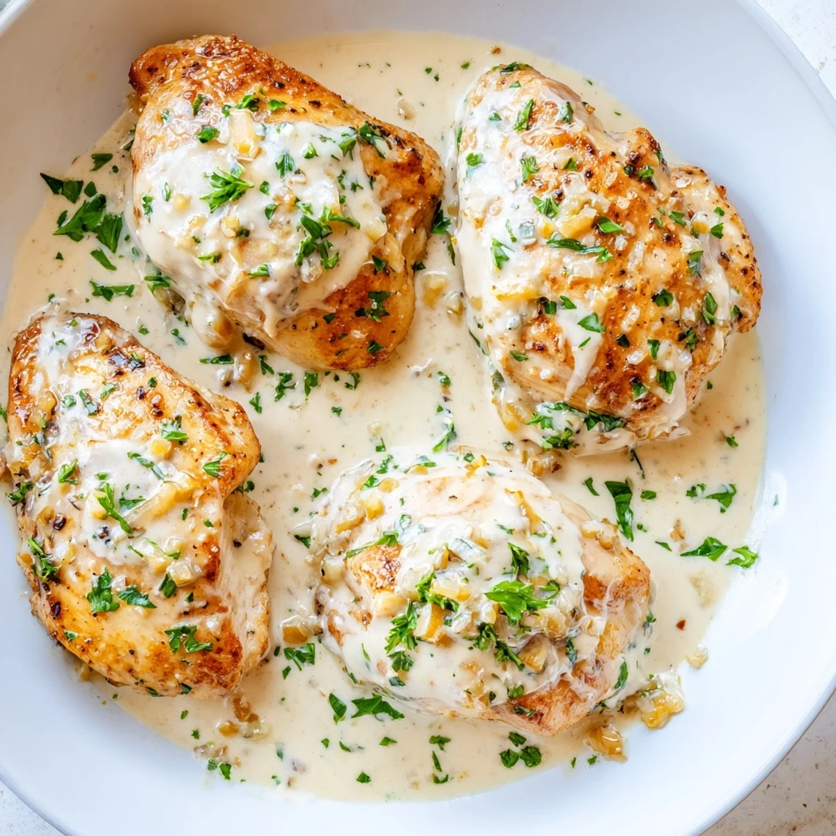 Cream cheese chicken with golden seared breasts smothered in a rich, velvety Parmesan sauce.