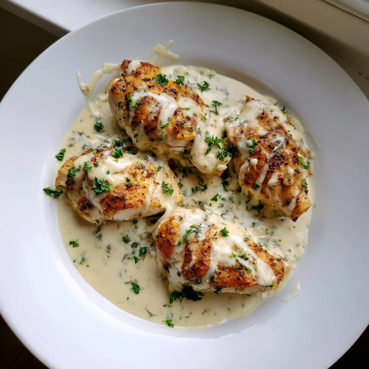 Tender cream cheese chicken baked in a smooth, tangy herb-flecked cream sauce with fresh parsley.