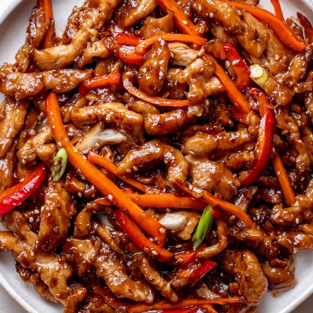 Glossy Stir Fried Chinese Garlic Chicken with vibrant bell peppers and steamed white rice