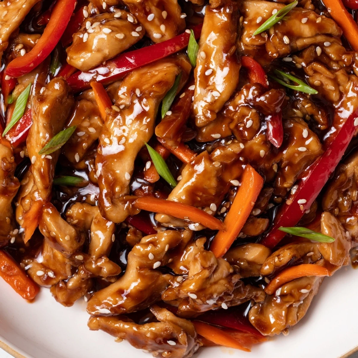 Tender Stir Fried Chinese Garlic Chicken tossed with julienned carrots in a savory garlic sauce