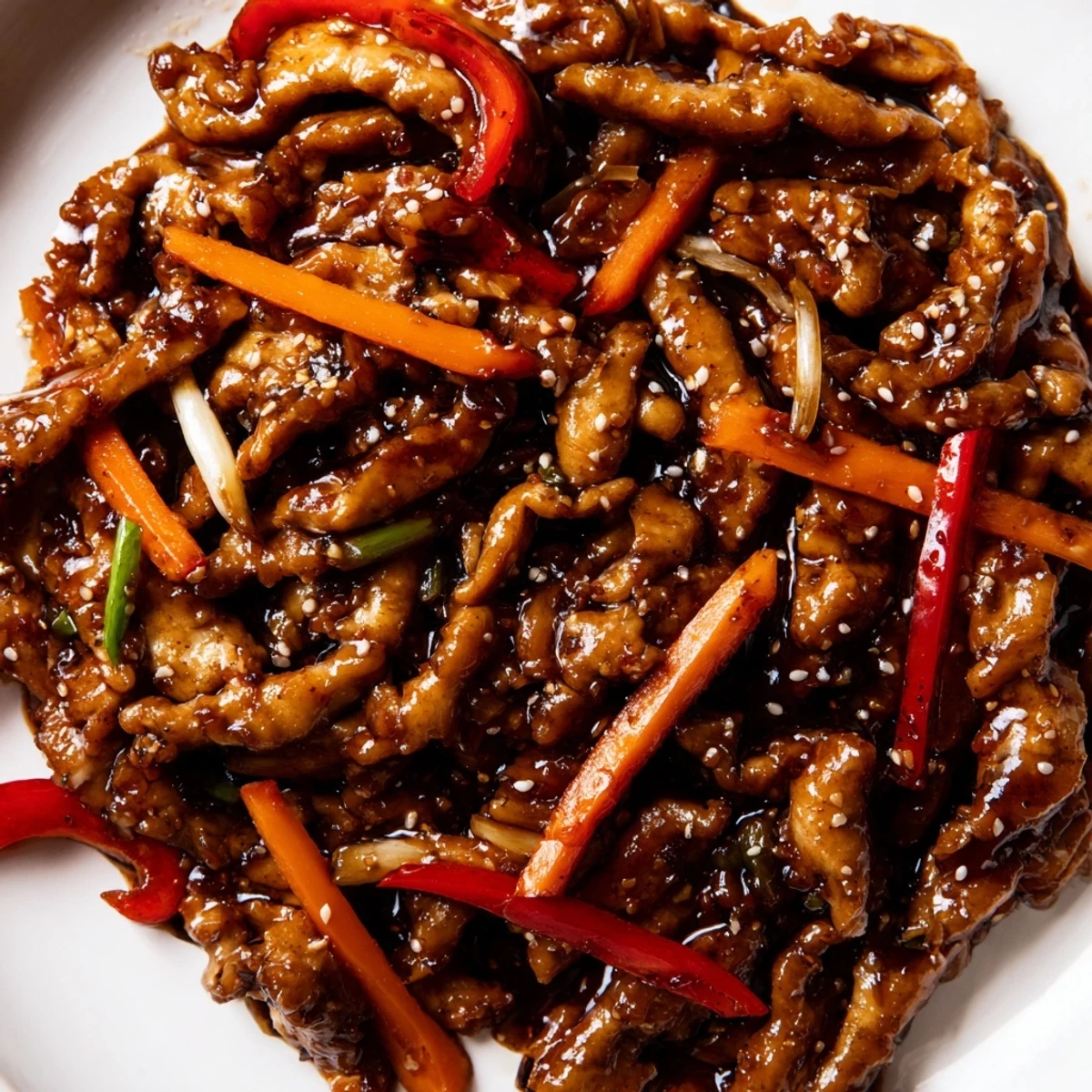 Golden Stir Fried Chinese Garlic Chicken garnished with spring onions served in a sizzling wok