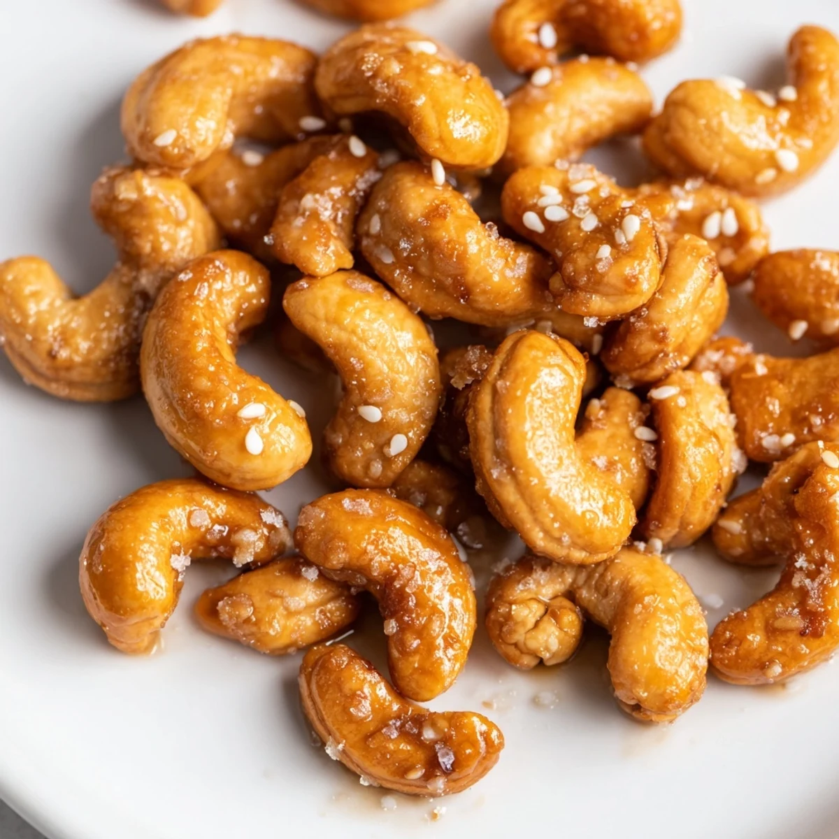 Golden honey sesame cashews glistening with a warm sticky glaze on parchment paper