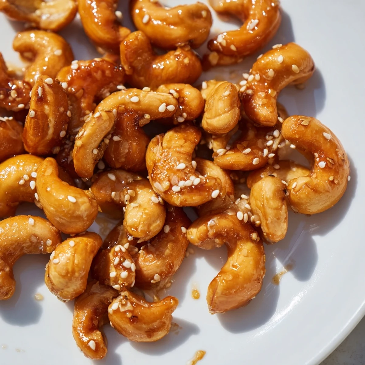 Crunchy honey sesame cashews clustered together with toasted seeds in a ceramic bowl