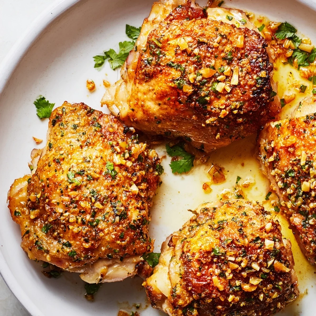 Crispy golden Cuban Mojo Chicken Thighs roasted with fragrant garlic and citrus glaze