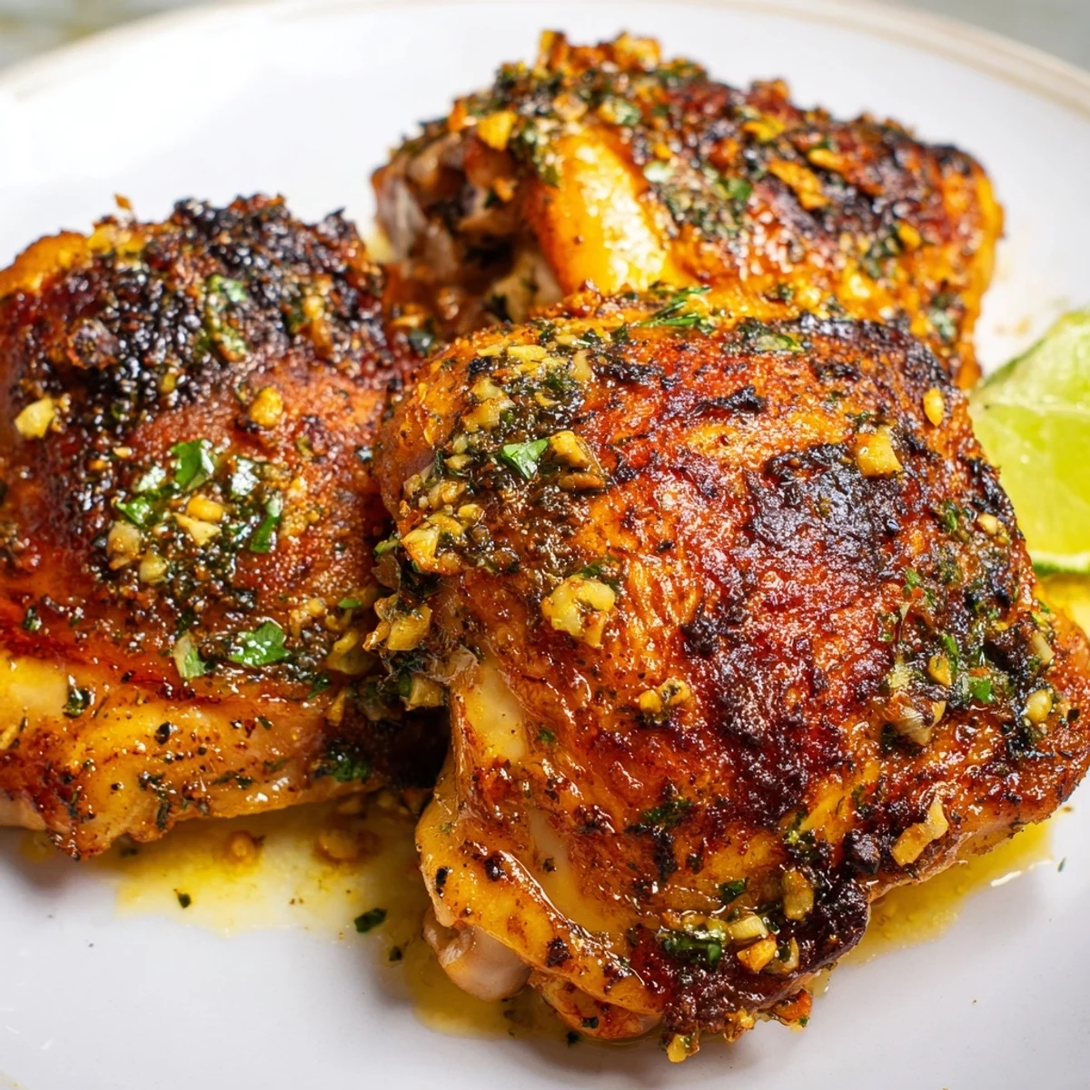 Juicy Cuban Mojo Chicken Thighs garnished with fresh cilantro and bright lime wedges