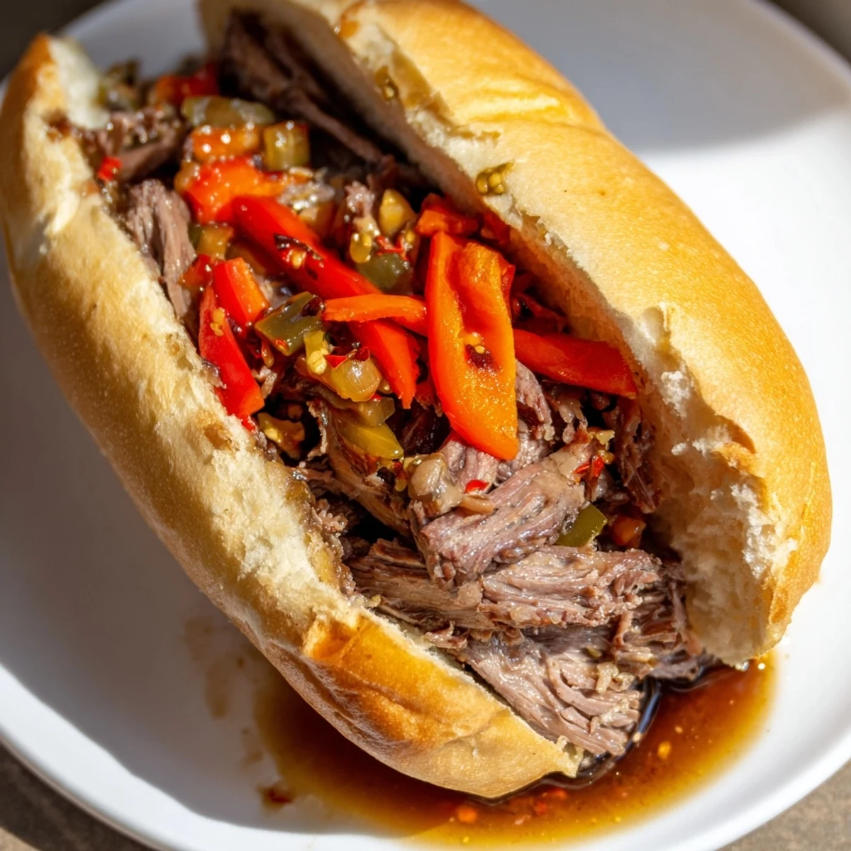 Juicy Chicago Style Italian Beef sandwich dripping with savory au jus and topped with colorful giardiniera