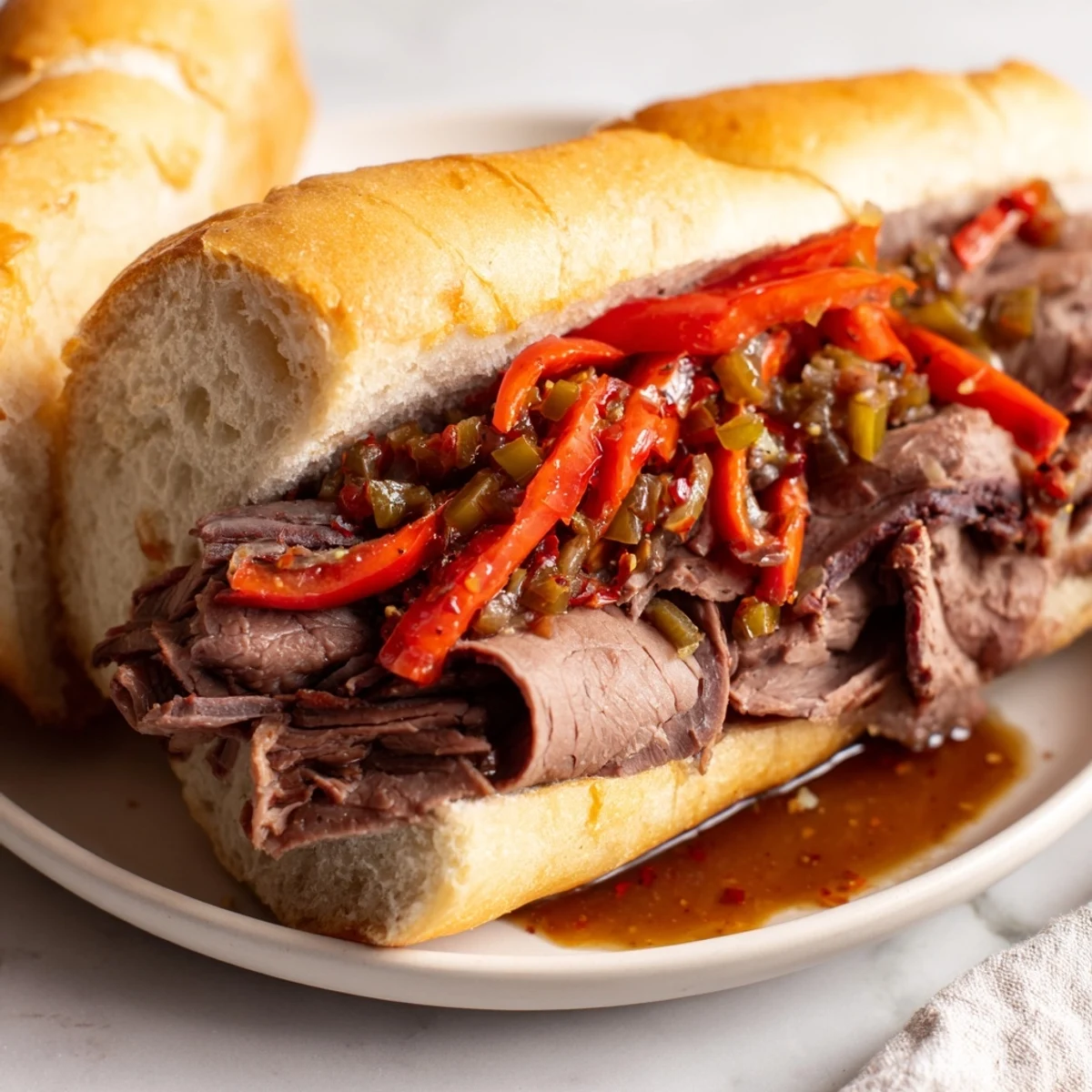 Tender sliced roast beef piled high on a crusty roll in this Chicago Style Italian Beef