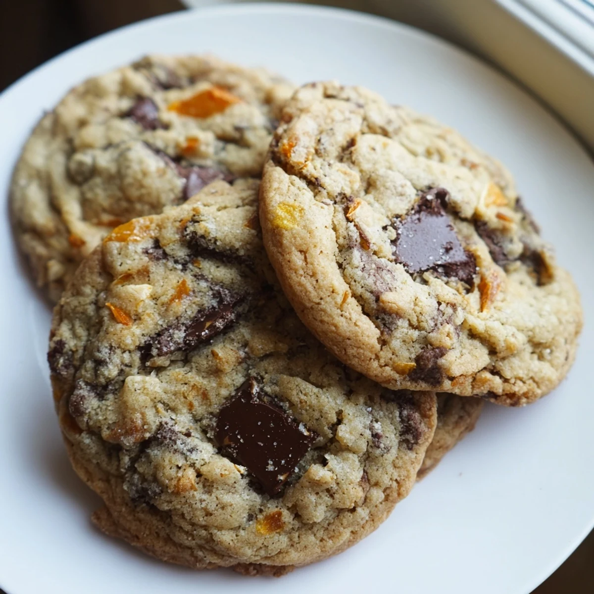 Golden orange almond chocolate chunk cookies fresh from the oven with gooey melted centers