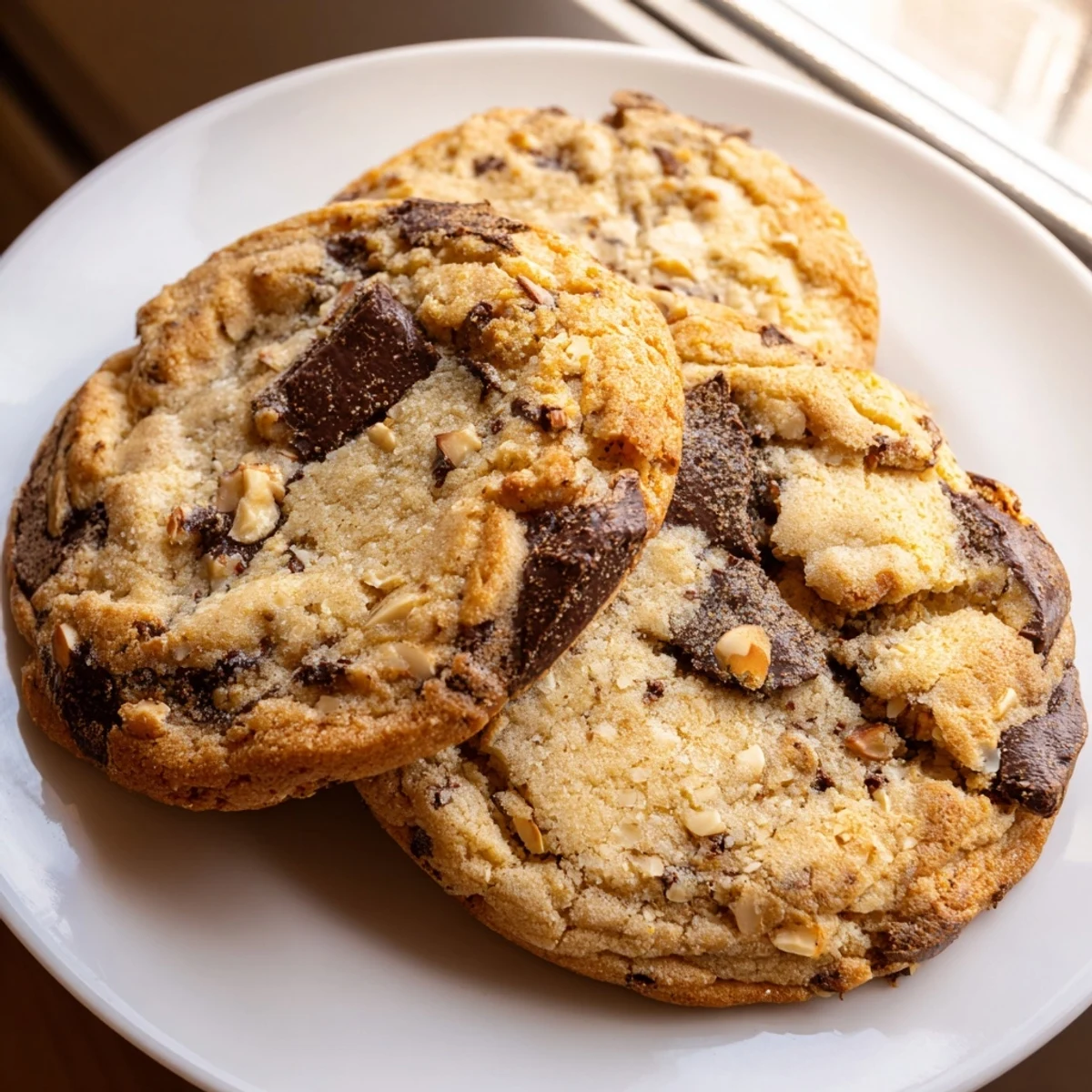 Close-up of orange almond chocolate chunk cookies showcasing crunchy almonds and rich dark chocolate chunks
