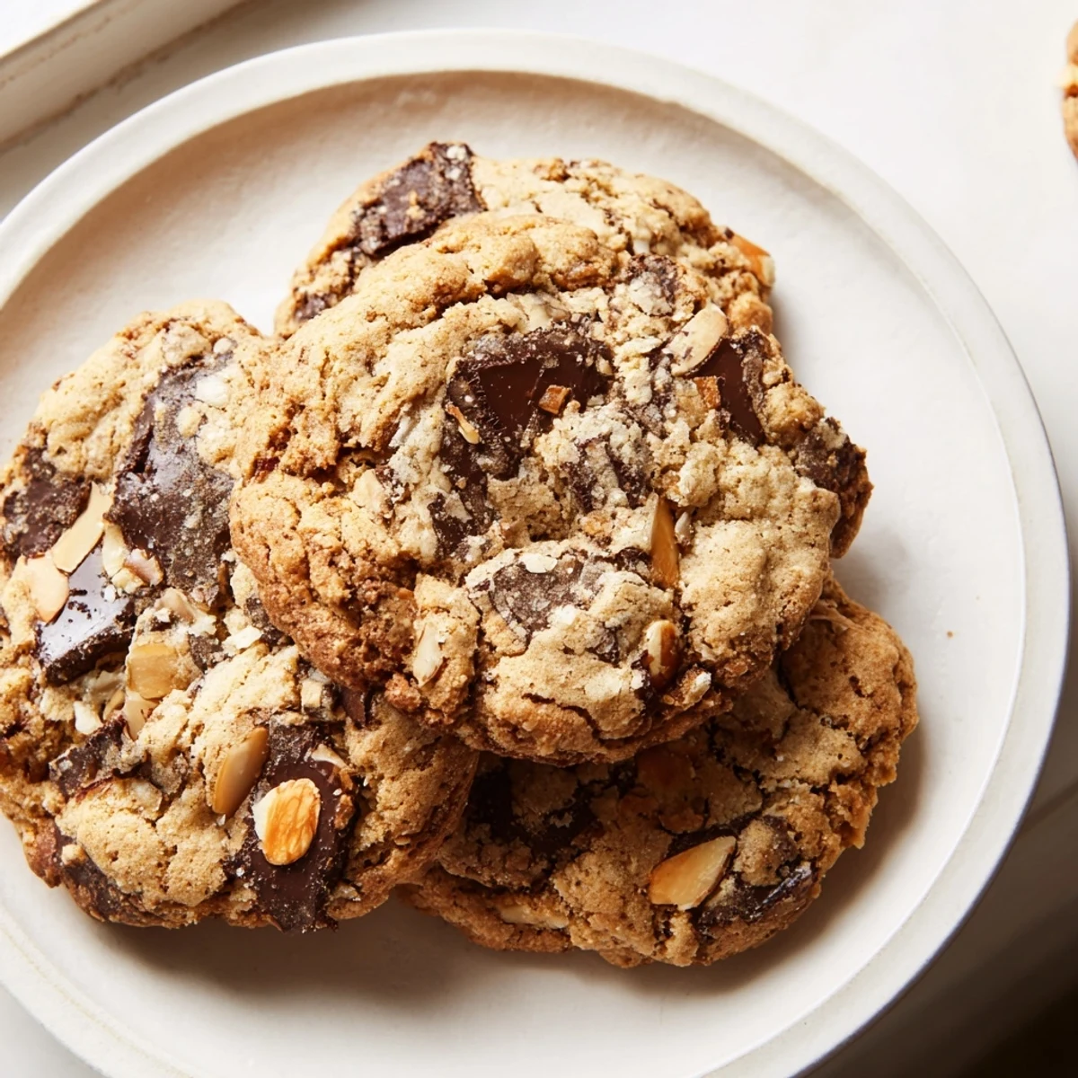 Orange almond chocolate chunk cookies arranged on a rustic wooden board with citrus zest sprinkled nearby