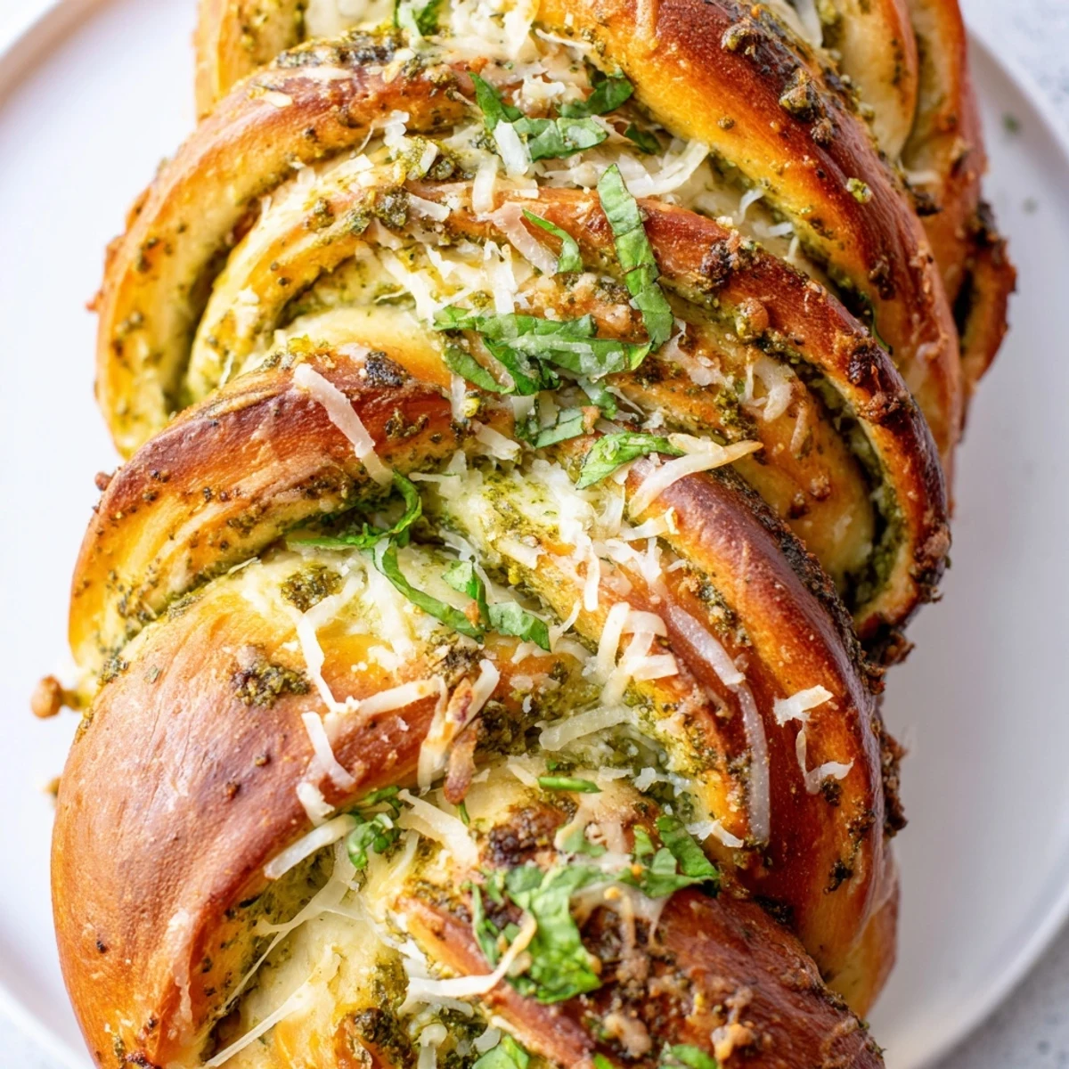 Golden braided pesto bread with gooey melted cheese fresh from the oven