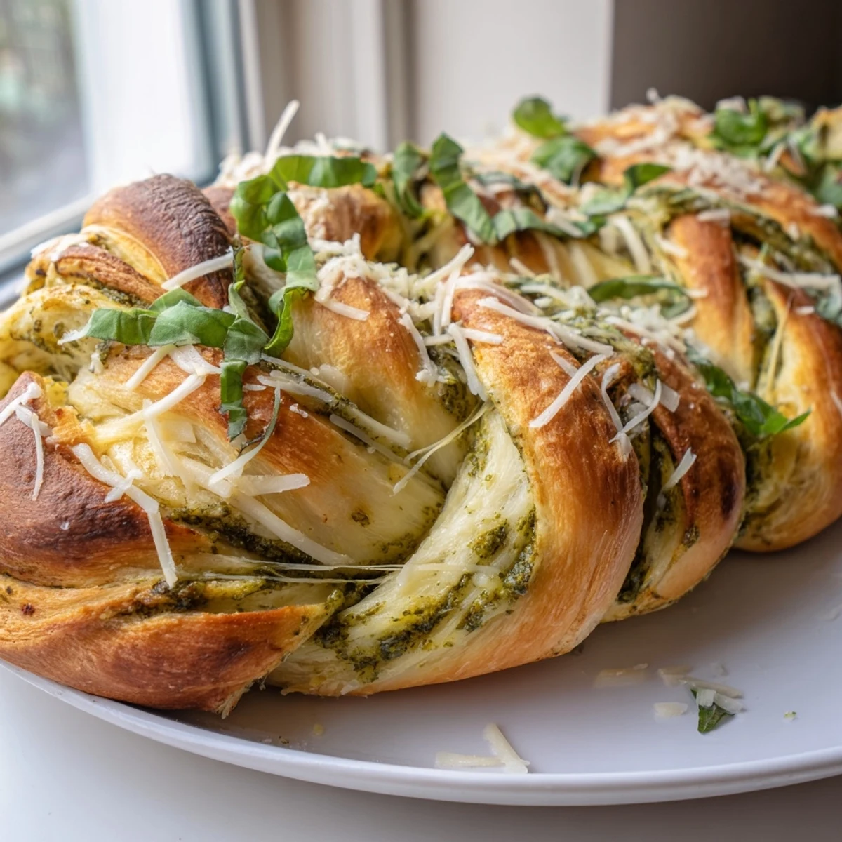 Warm cheesy braided pesto bread sliced open revealing stretchy mozzarella and basil