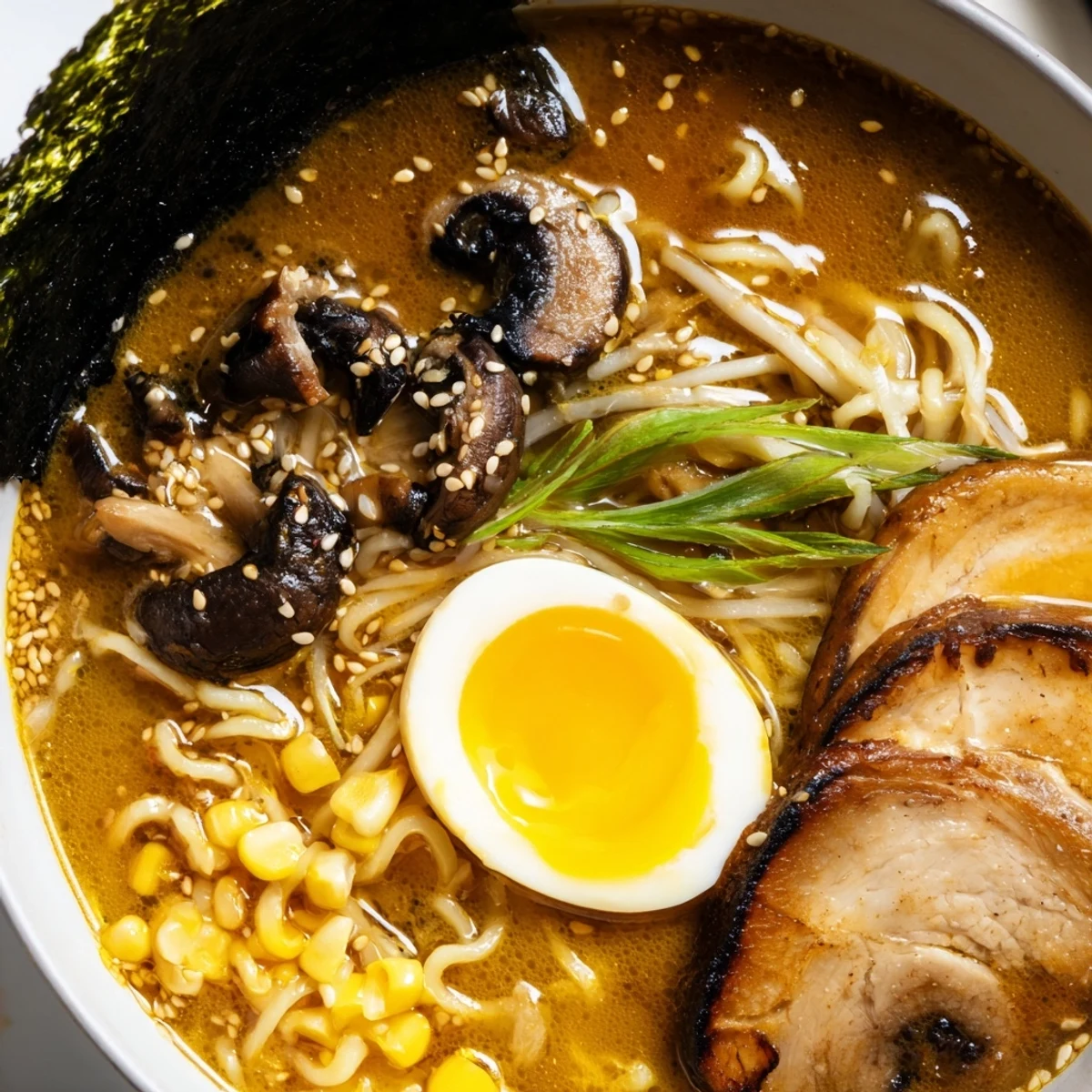 Steaming bowl of ramen with silky noodles, soft-boiled egg, and sliced pork belly