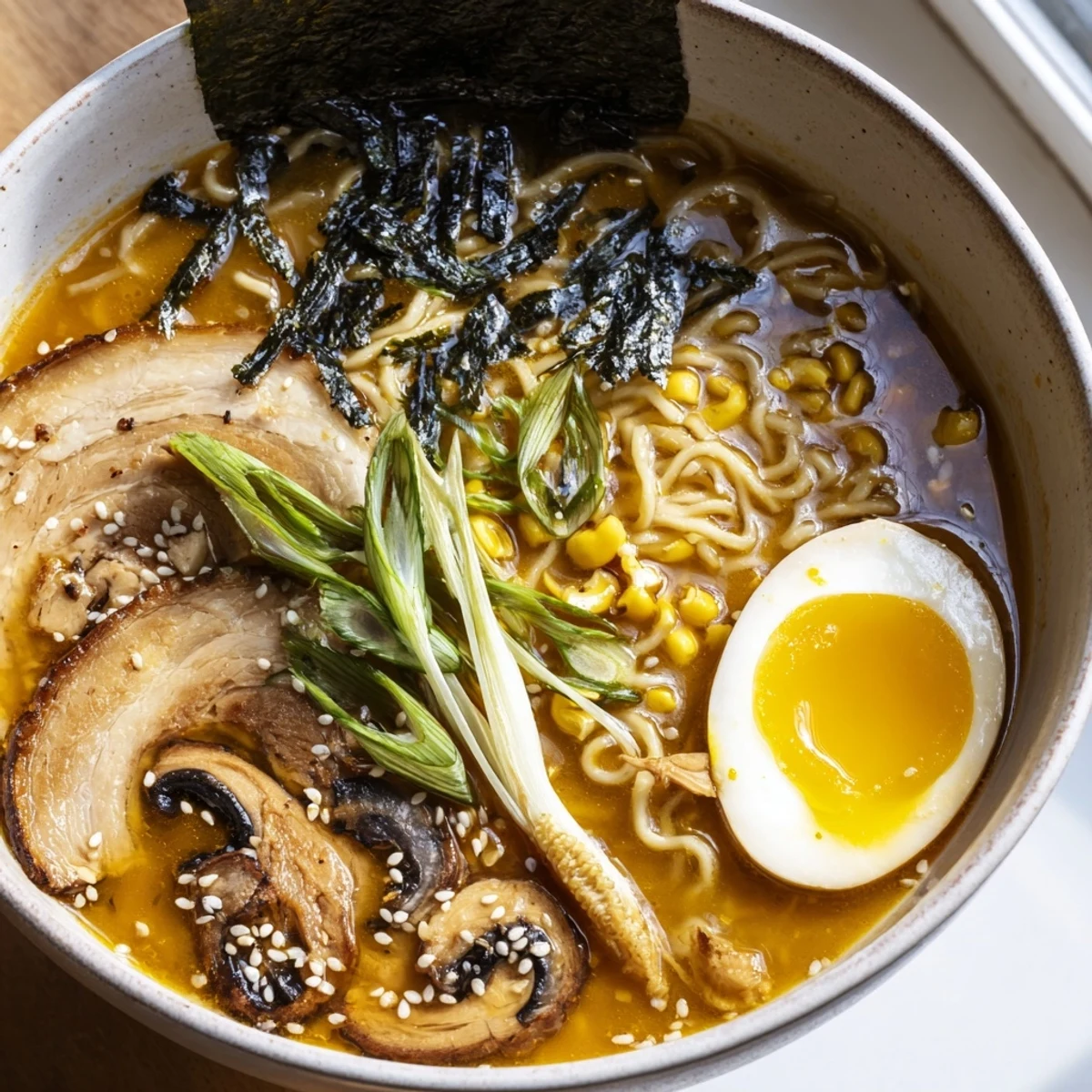 Rich ramen broth topped with mushrooms, nori strips, and fresh spring onions