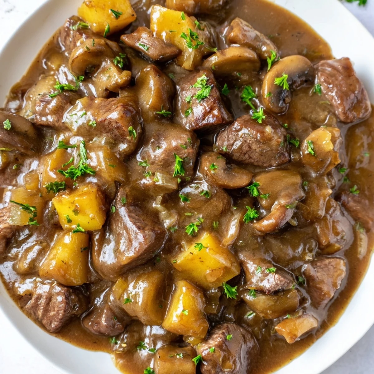 Tender weeknight steak tips and gravy served over creamy mashed potatoes with parsley