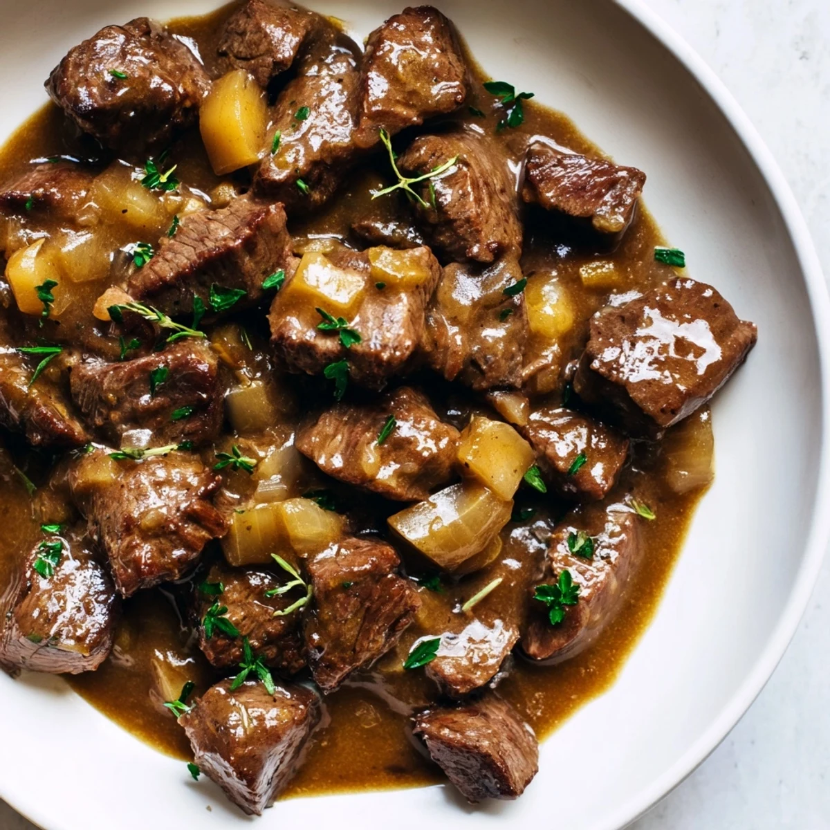 Juicy beef pieces in rich brown gravy, a hearty weeknight steak tips dinner