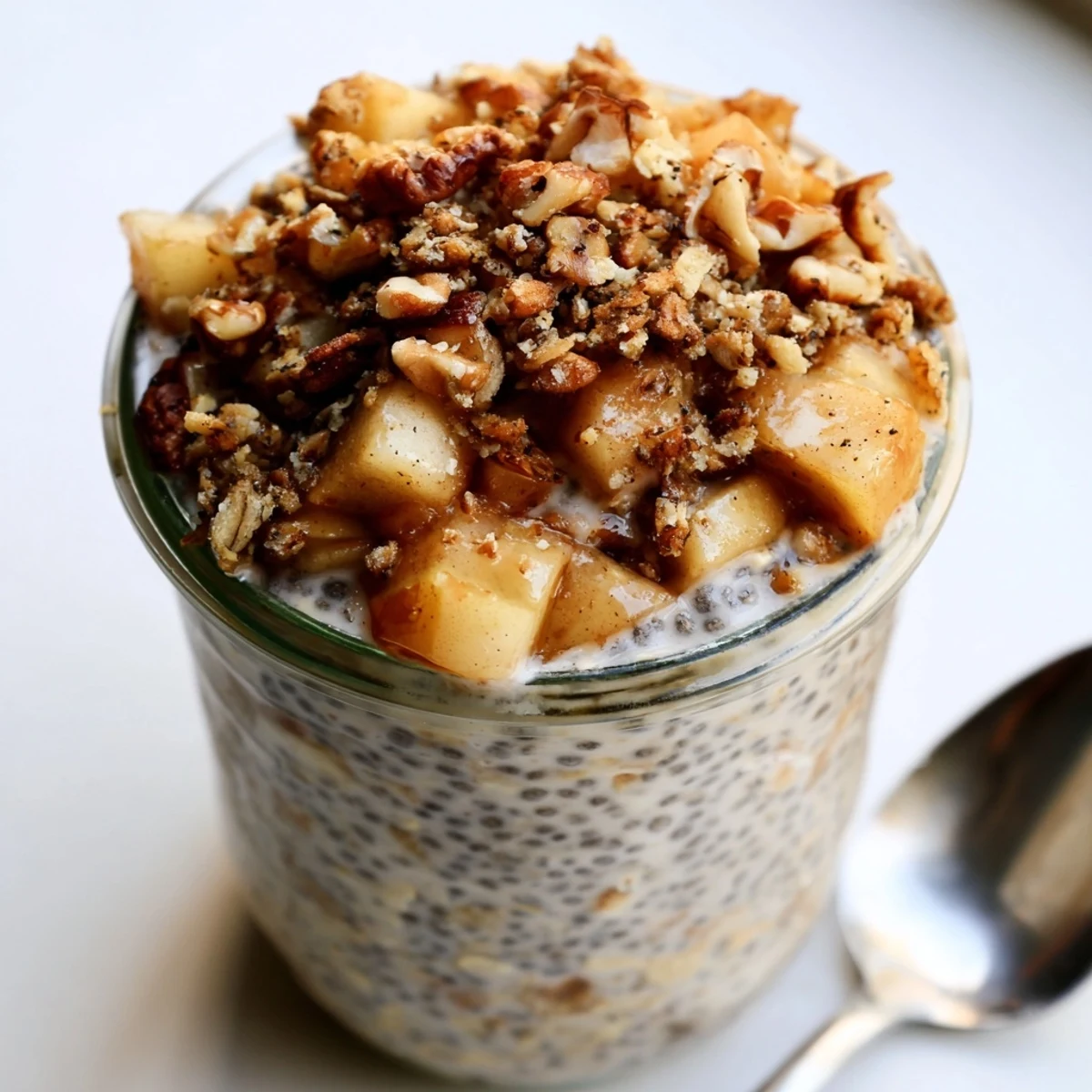 Creamy apple crumble overnight oats layered in a glass jar with cinnamon-spiced apples and crunchy walnut topping