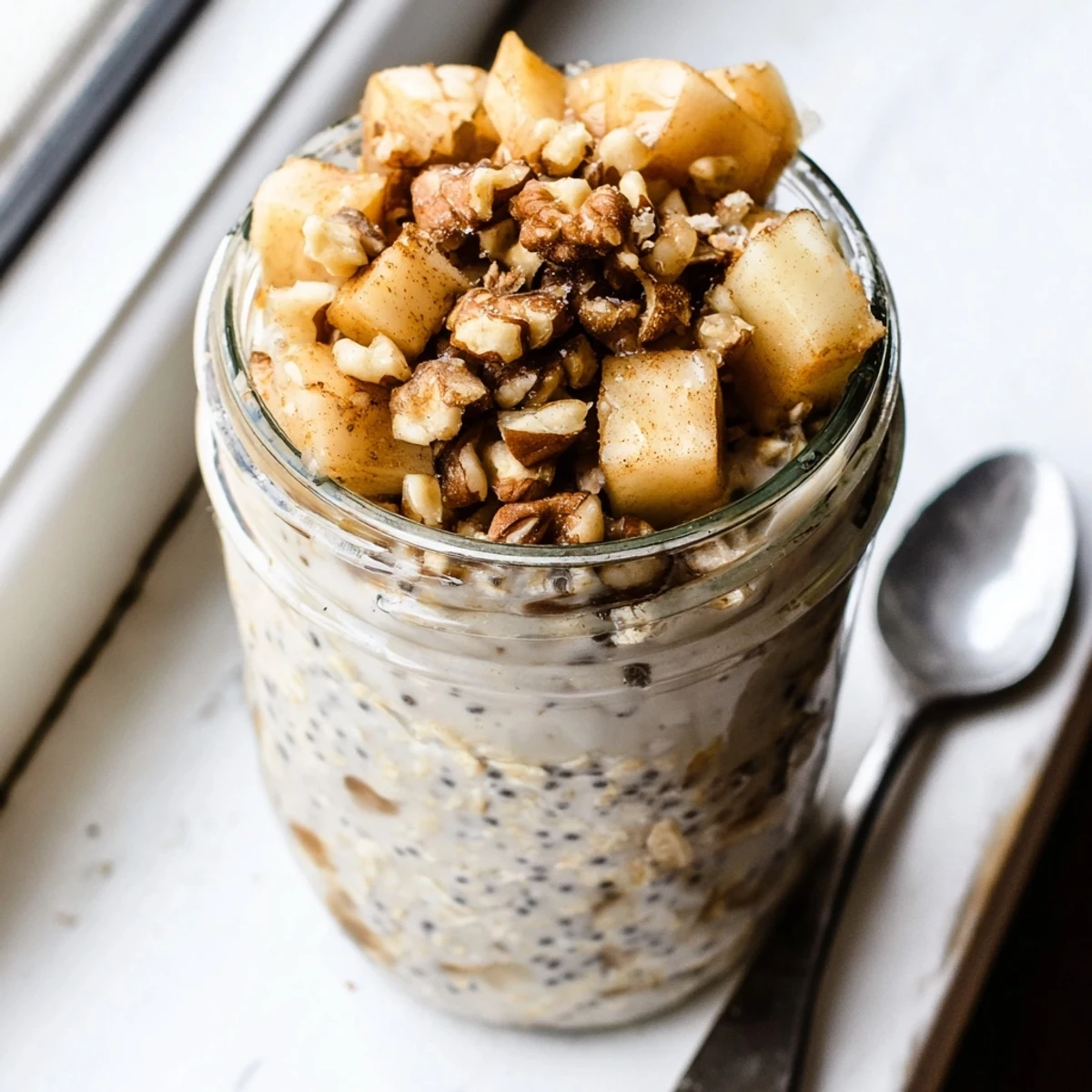 Apple crumble overnight oats topped with golden crumbly oats and diced apples in a breakfast mason jar