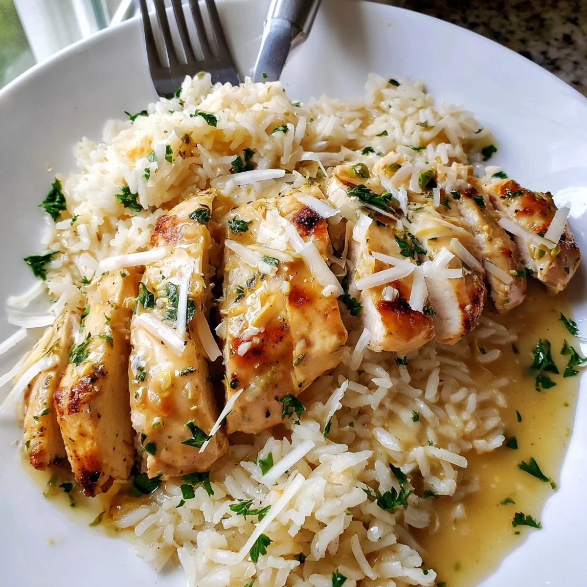 Tender buttery chicken scampi served over creamy garlic parmesan rice with parsley